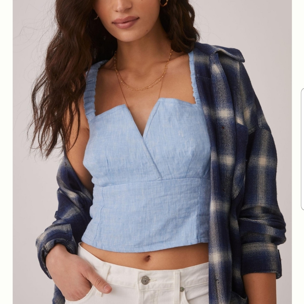 Anthro Blue Linen Corset Top